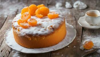 ai generado un pastel con naranja rebanadas en parte superior de un blanco plato foto