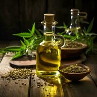 AI generated CBD oil in bottle on wooden backgrounds. Hemp oil. Ai generative. Illustration. photo