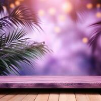 AI generated Palm leaves on a wooden board on a purple background. Generated AI photo