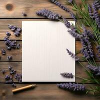 AI generated Mock up.Wooden background and lavender flower .Generated AI photo