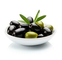 AI generated Olives fruits in plate on white backgrounds. Ai generative. photo