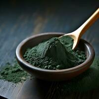 AI generated Spirulina powder in  wooden plate photo