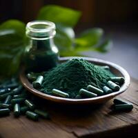 AI generated Spirulina powder and spirulina capsule. photo