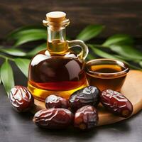 AI generated Date syrup with dates fruits. photo