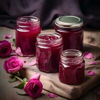 AI generated Rose petal jam on a wooden table. Healthy food ingredient. photo