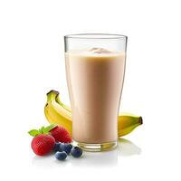 AI generated Glass of bananas smoothies with berries on white backgrounds. photo