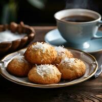 AI generated Coconut cookies in plate on wooden backgrounds photo