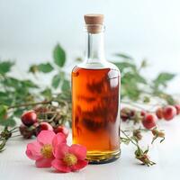 Rosehip syrup in bottle photo