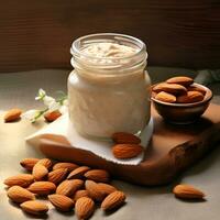 AI generated Almond nut paste in a jar on a wooden board. photo