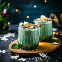 AI generated Vitamins smoothie with spirulina and sativa in glasses photo