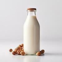 AI generated Filbert milk in bottle with filbert nuts on wooden backgrounds.Generated AI photo