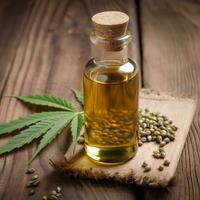 AI generated CBD oil in bottle on wooden backgrounds. Hemp oil. Ai generative. photo