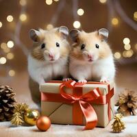 AI generated Two cute hamster on the background of Christmas decorations photo