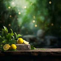 AI generated Lemons fruits backgrounds with empty wooden table. Generated AI photo