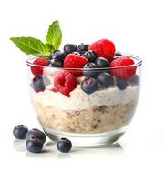 AI generated Quinoa porridge with raspberries and blueberries photo