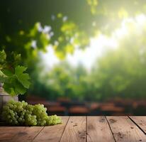 AI generated Grapes plant backgrounds with empty wooden table for product display photo