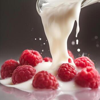 AI generated Splash yogurt with raspberry on white backgrounds. Generative AI. photo
