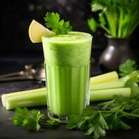 AI generated Healthy celery  drink in a glass glass on a dark background photo