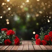 AI generated Red roses backgrounds with empty wooden table for product display photo