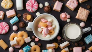 ai generado varios dulces y galletas en un negro antecedentes foto