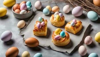 AI generated easter eggs and pastries on a table photo