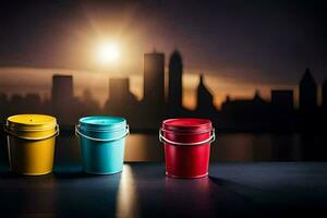 three buckets with different colors on a table with city in the background. AI-Generated photo