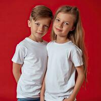 ai generado chico y niña en blanco camisetas en un rojo antecedentes. niños camiseta Bosquejo. foto