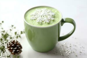 AI generated Green coffee latte with snowflakes on a white background. photo