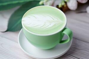 AI generated Close-up of a green coffee cup with a feather latte art design. photo