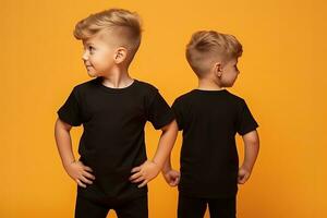 AI generated Little boy in black t-shirt on yellow background. Kids T-shirt mockup. photo