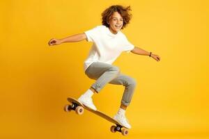 AI generated Happy boy skateboarding on yellow background. photo