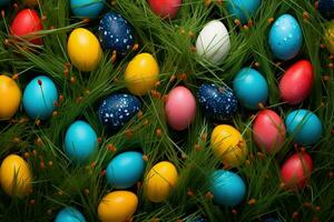 ai generado vistoso Pascua de Resurrección huevos en verde césped antecedentes. contento Pascua de Resurrección concepto. foto
