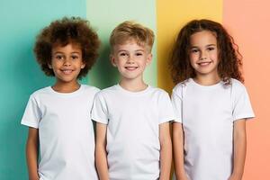 ai generado contento niños en blanco camisetas en pie juntos en vistoso antecedentes. niños camisetas Bosquejo. foto