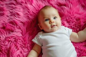 ai generado linda pequeño bebé acostado en un rosado frazada. bebé cuidado concepto, blanco bebé traje Bosquejo. foto