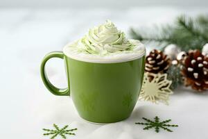 AI generated Green coffee latte with snowflakes on a white background. photo