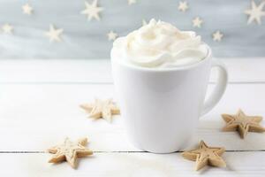 AI generated White cup of hot chocolate with whipped cream and cookies on a white wooden background. photo