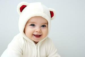 ai generado linda pequeño bebé vistiendo un oso sombrero. foto