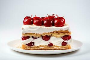 AI generated Cake with cherries and whipped cream on a white background. photo