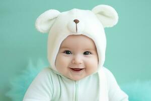 ai generado linda pequeño bebé vistiendo un oso sombrero. foto