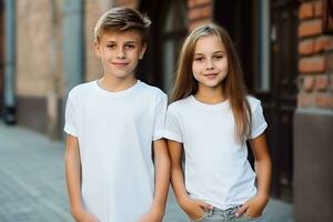 AI generated Children in white T-shirts. Kids t-shirts mockup. photo