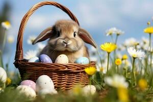 AI generated Cute little bunny and Easter eggs in a basket on a green lawn. photo