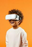 AI generated Portrait of a boy in virtual reality glasses on an orange background. Kids T-shirt mockup. photo