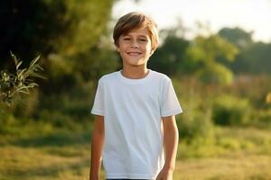 ai generado linda chico en blanco camiseta en el parque en un verano día. niños camiseta Bosquejo. foto