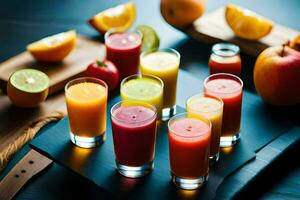 AI generated a variety of juices and fruit on a cutting board photo