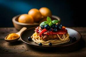 AI generated a plate of spaghetti with blueberries and tomatoes photo