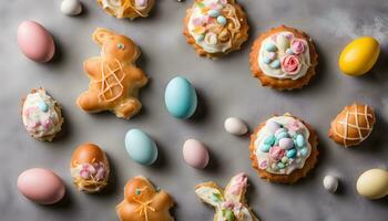 AI generated easter eggs and pastries on a table photo