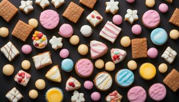 AI generated assortment of cookies and pastries on black background photo