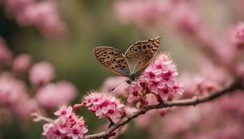 ai generado un mariposa es sentado en un rosado flor foto