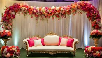 AI generated a wedding stage decorated with flowers and pillows photo