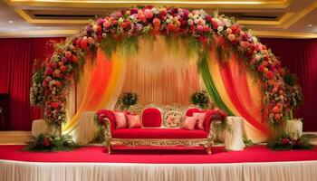 AI generated wedding stage decoration with red couch and flowers photo